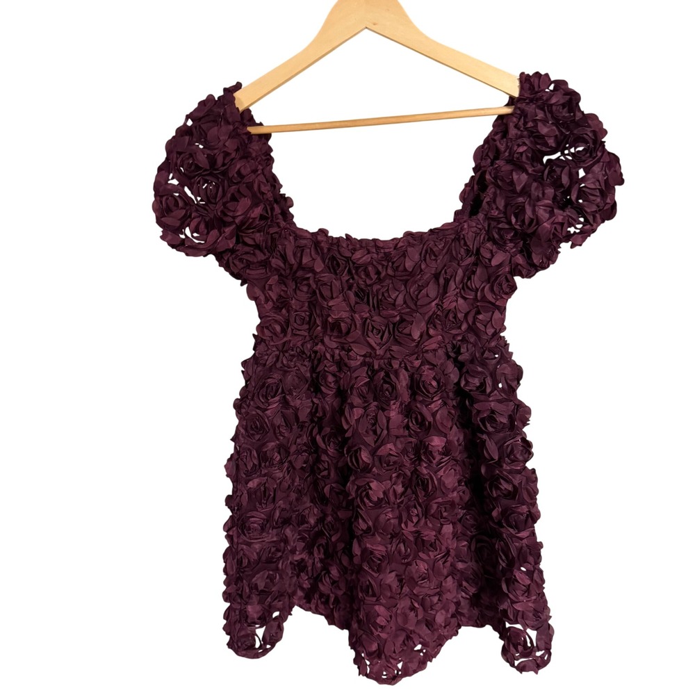 Altar'd State Burgundy 3D Rosette Floral Babydoll Top Puff Sleeve Smocked Small